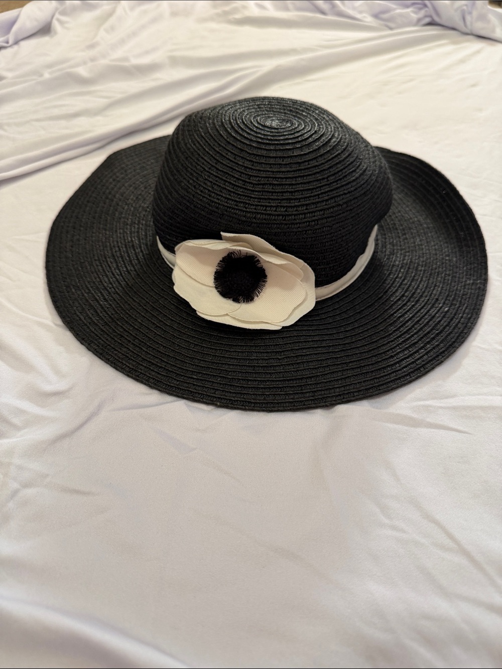 Janie and Jack Black Wide-Brim Sun Hat with Cream Flower